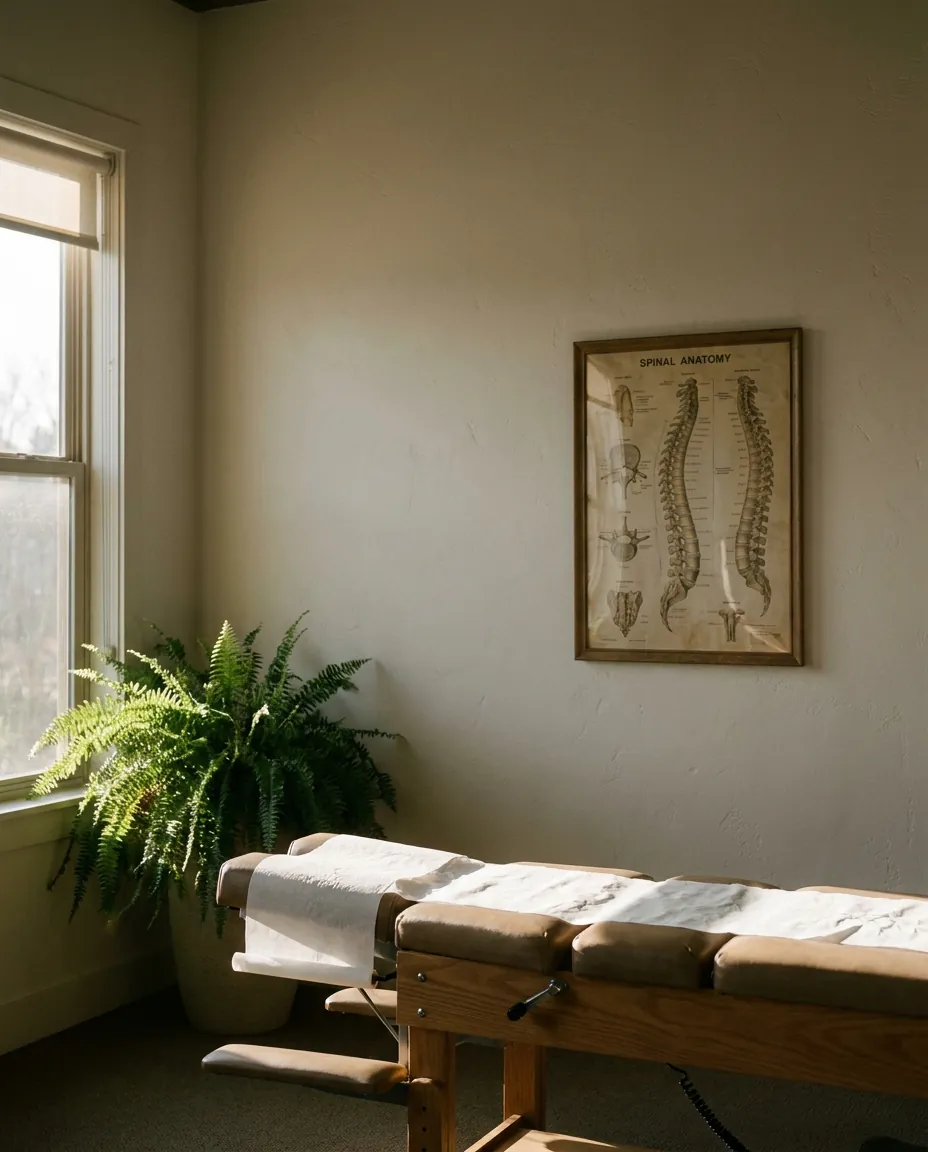 Chiropractic studio with a padded adjustment table and a vertebral chart.