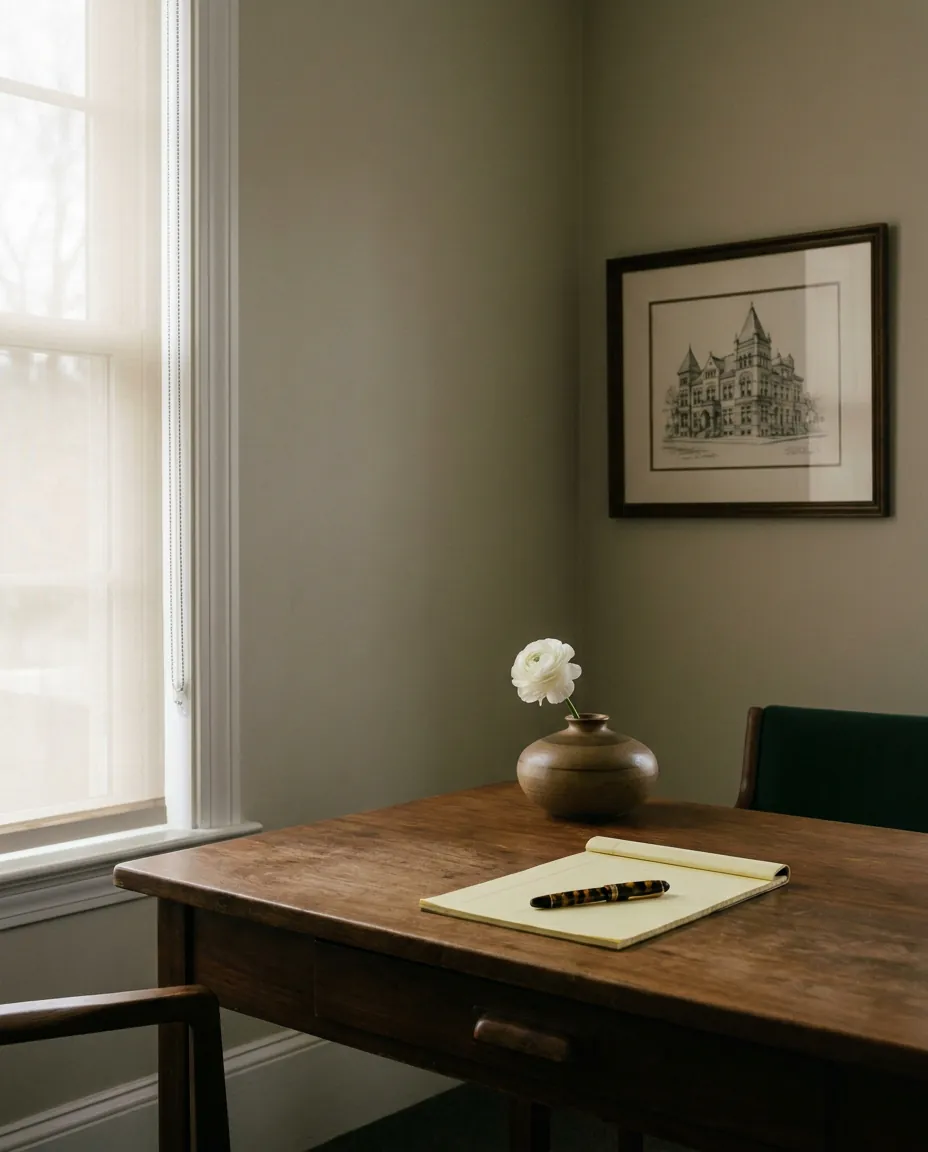 Quiet family-law attorney corner office with soft natural light and a single yellow legal pad.
