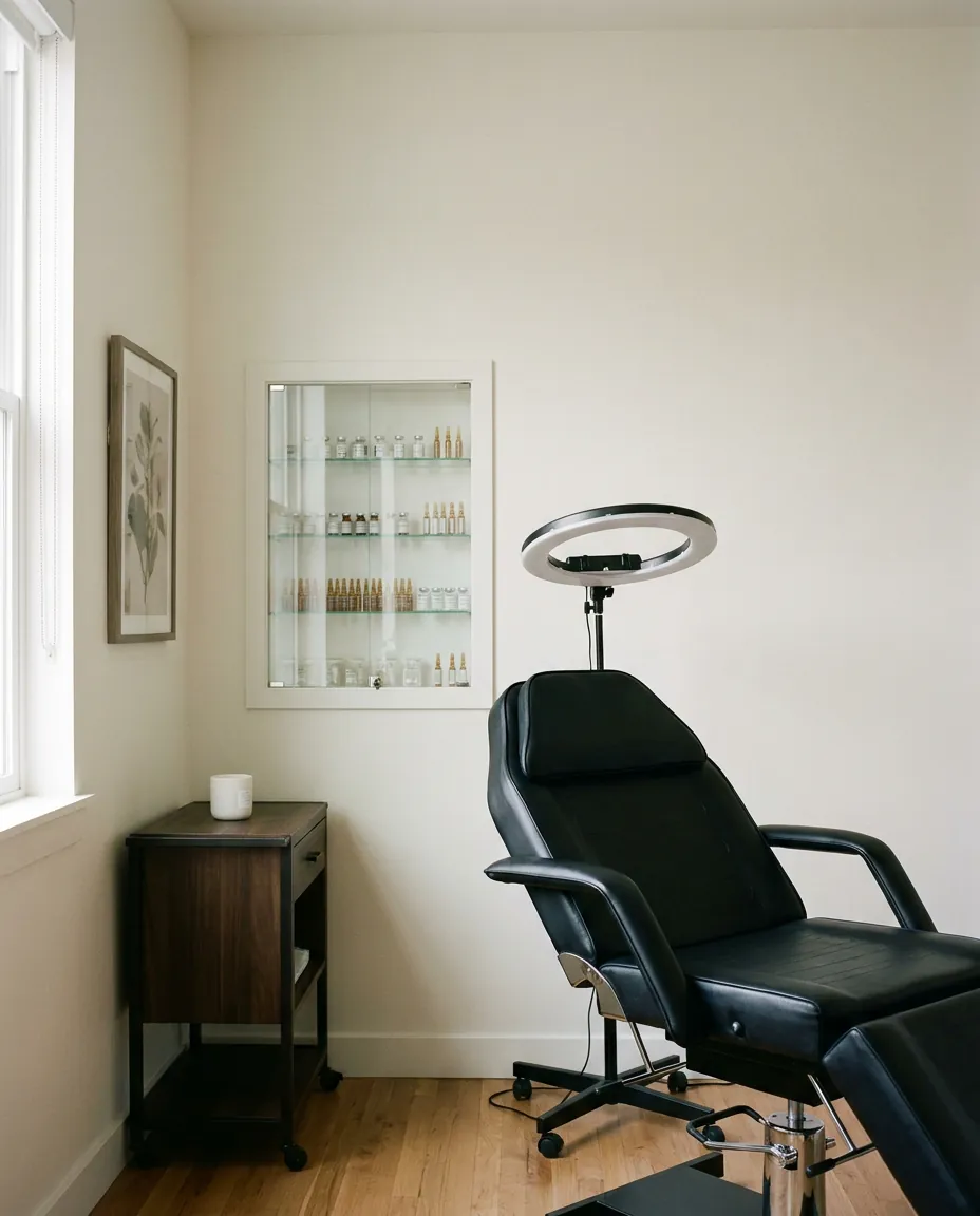 Modern medspa treatment room with a leather chair, ring light and sealed cabinet of vials.