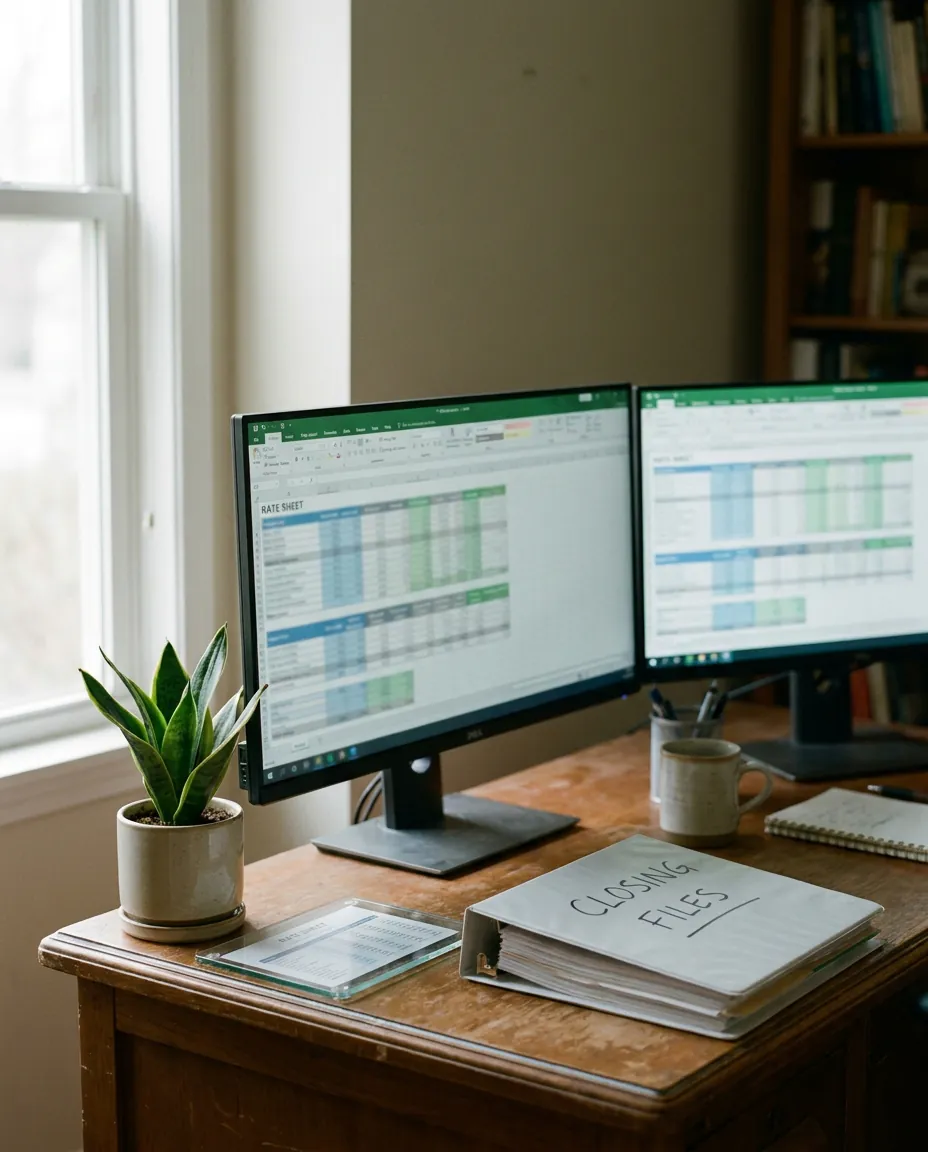 Mortgage broker home office with two monitors, a closing-files binder and a printed rate sheet.
