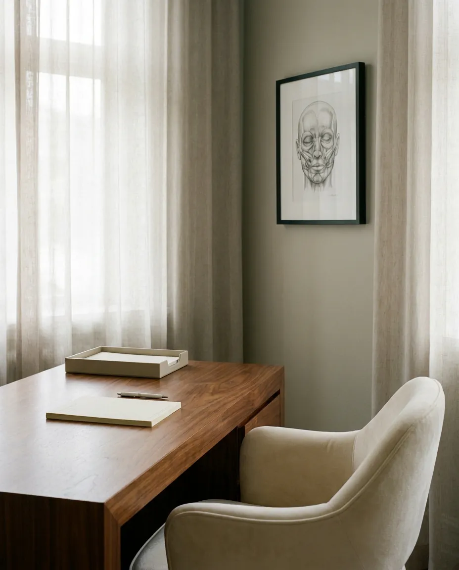 Premium plastic surgery consultation room with a walnut desk and linen curtains.