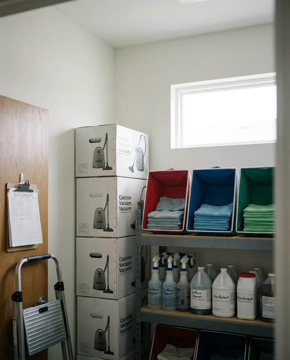 Cleaning company's supply closet with stacked vacuum boxes, color-coded microfiber bins and a route-schedule clipboard.