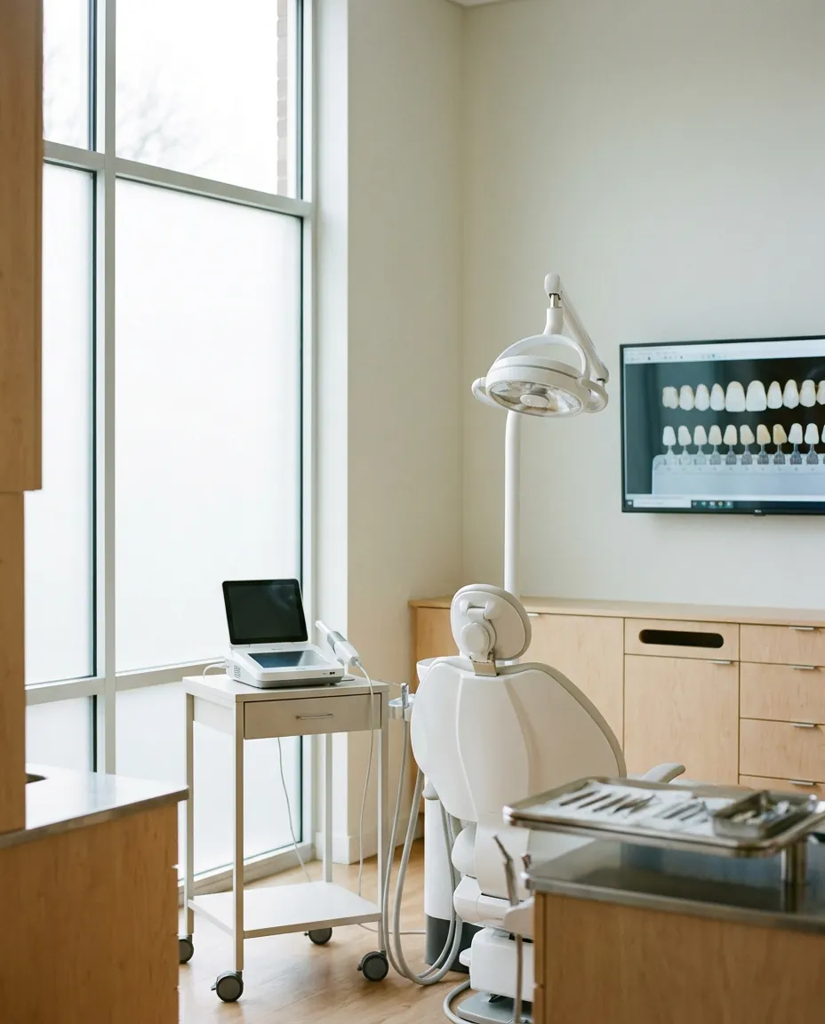 Modern cosmetic dental operatory with an intraoral scanner on a cart and overhead operative light.