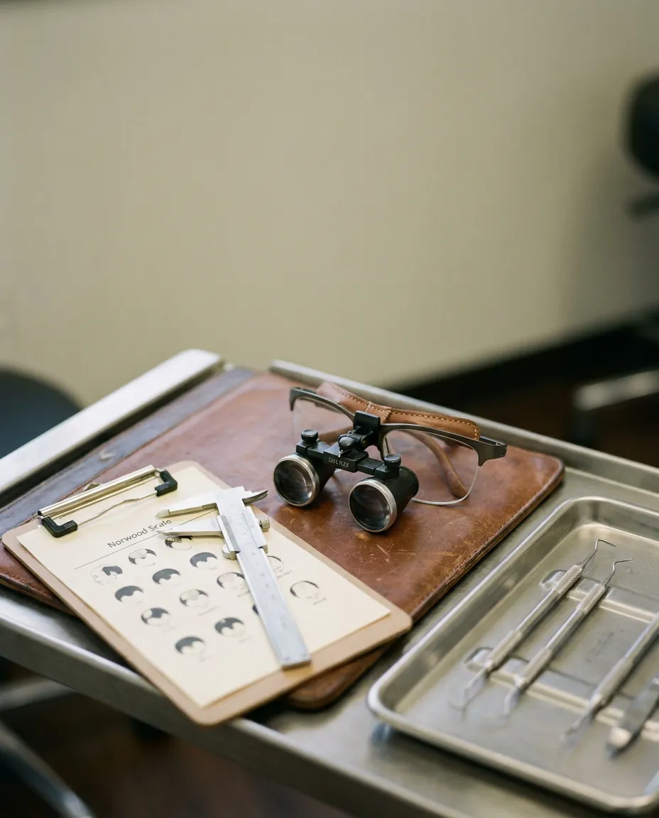 Specialty hair restoration clinic with surgical loupes and a Norwood-scale caliper on a leather pad.