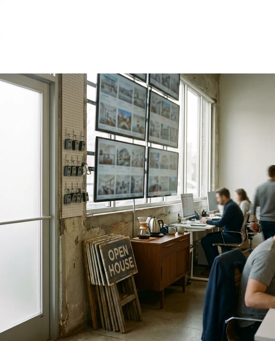 Brokerage office with a wall of property-thumbnail monitors and open-house signs leaning against a wall.