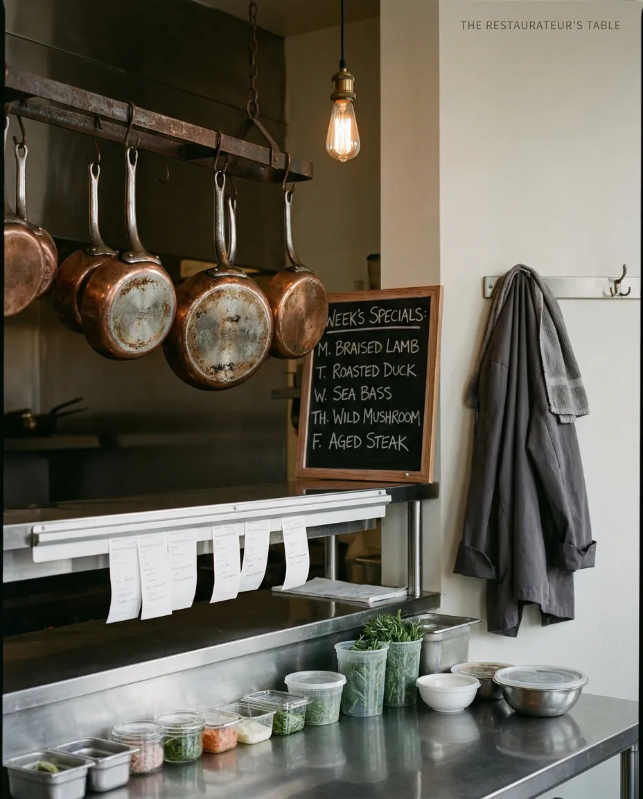 Restaurant open-kitchen finish line with an expediter rail of tickets, copper pans hanging, a chalkboard of weekly specials and a chef's coat on a hook.
