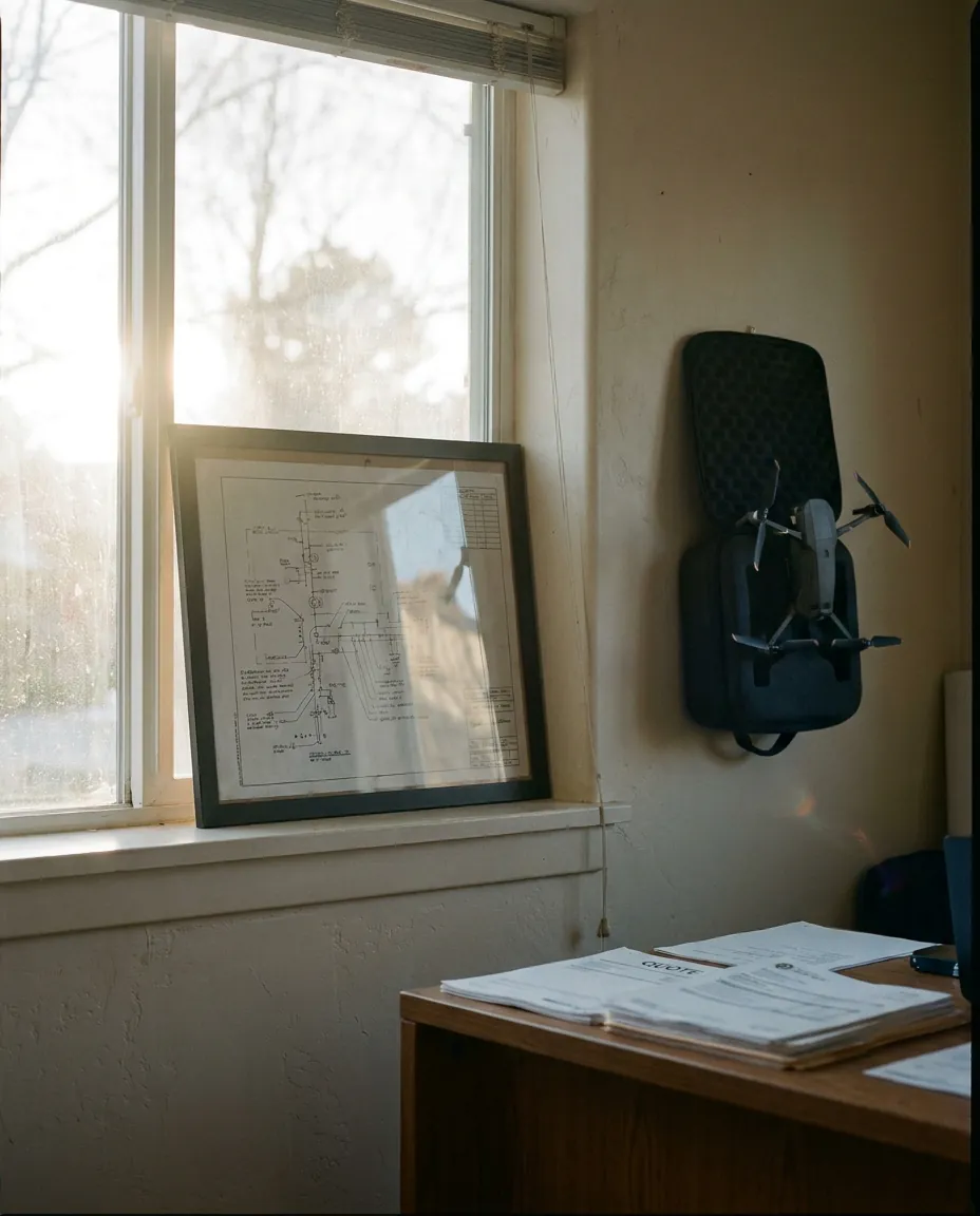 Residential solar installer's office with a framed interconnect schematic and a survey drone in a case.