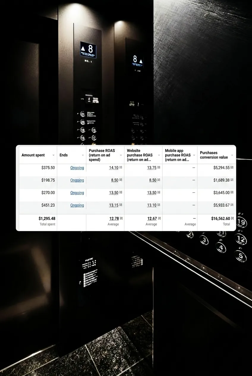 Meta Ads dashboard: client snapshot showing purchase-conversion math.